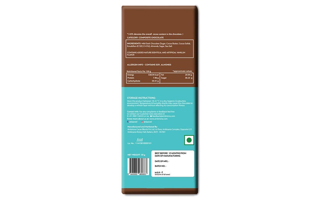 Daarzel 45% Mild Dark Chocolate with Caramelised Almonds & Sea salt   Pack  50 grams